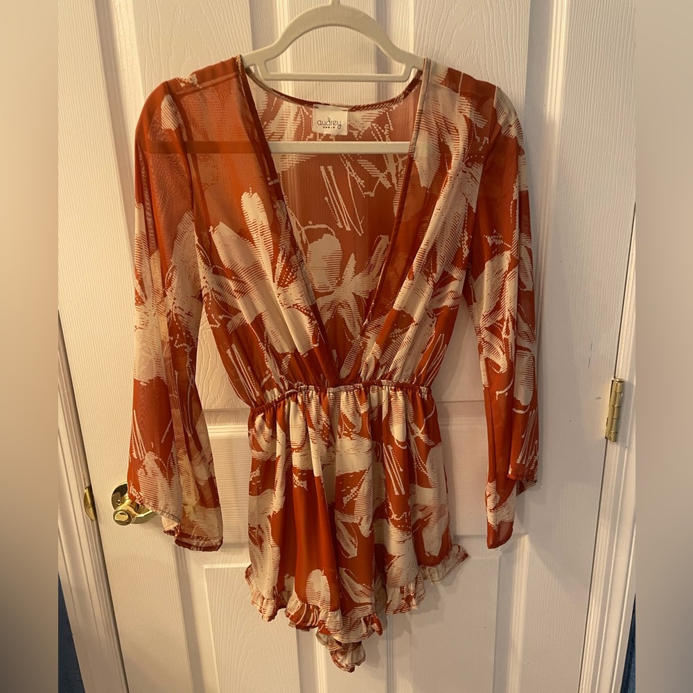 Orange low cut sheer summer romper